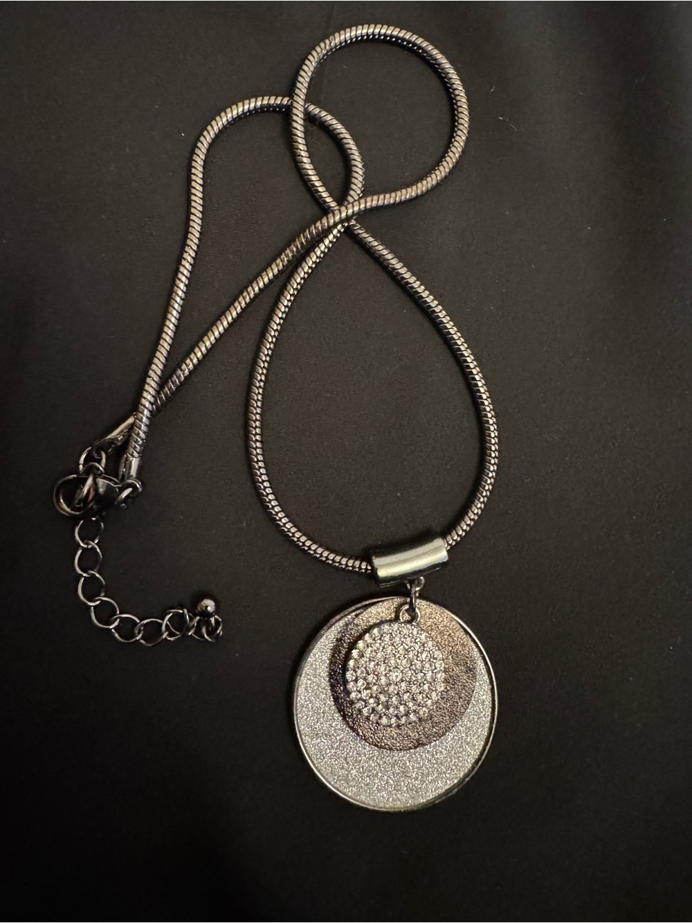 Gunmetal Double Disc Pendant Necklace with Crystal Accent